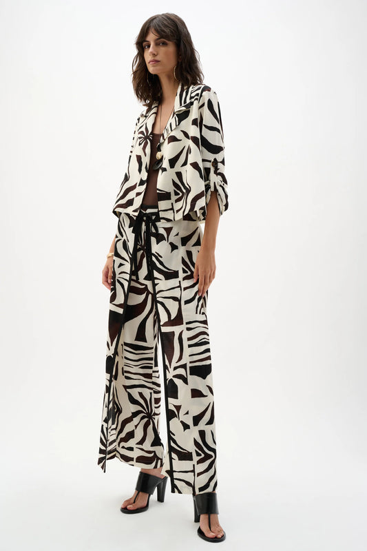 Joseph Ribkoff Beige Woven Gauze Tropical Print Wide Leg Trousers 262056