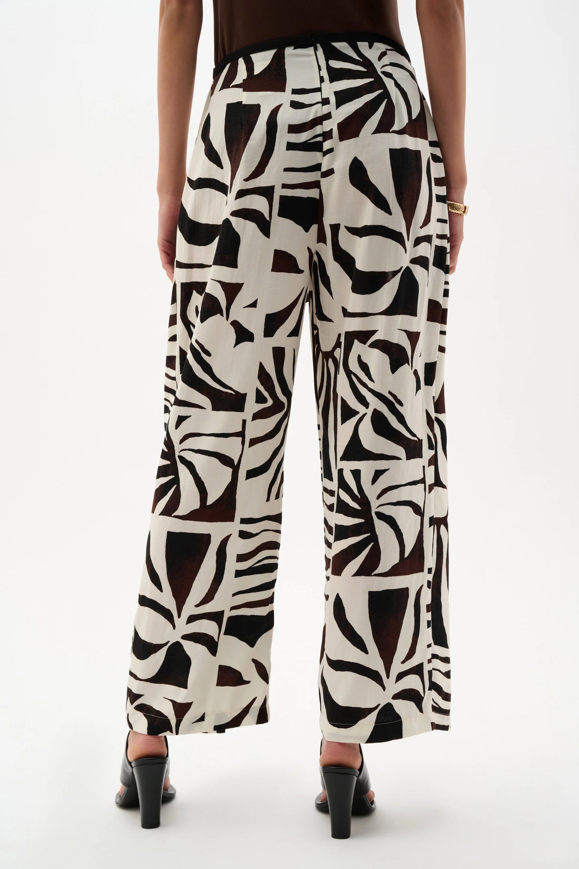 Joseph Ribkoff Beige Woven Gauze Tropical Print Wide Leg Trousers 