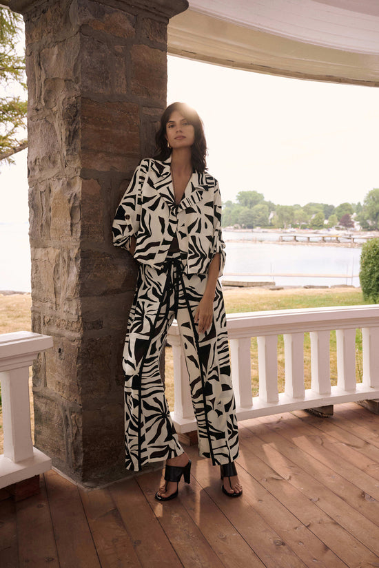 Joseph Ribkoff Beige Woven Gauze Tropical Print Wide Leg Trousers 