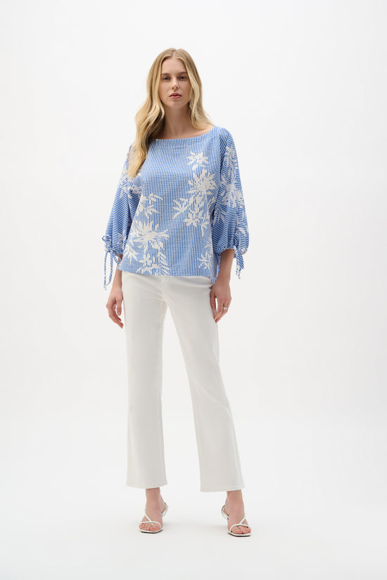 Joseph Ribkoff Vanilla/Blue Woven Seersucker Floral Print Trapeze Top