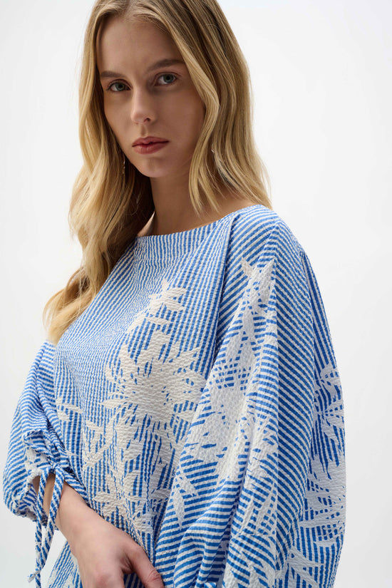 Joseph Ribkoff Vanilla/Blue Woven Seersucker Floral Print Trapeze Top