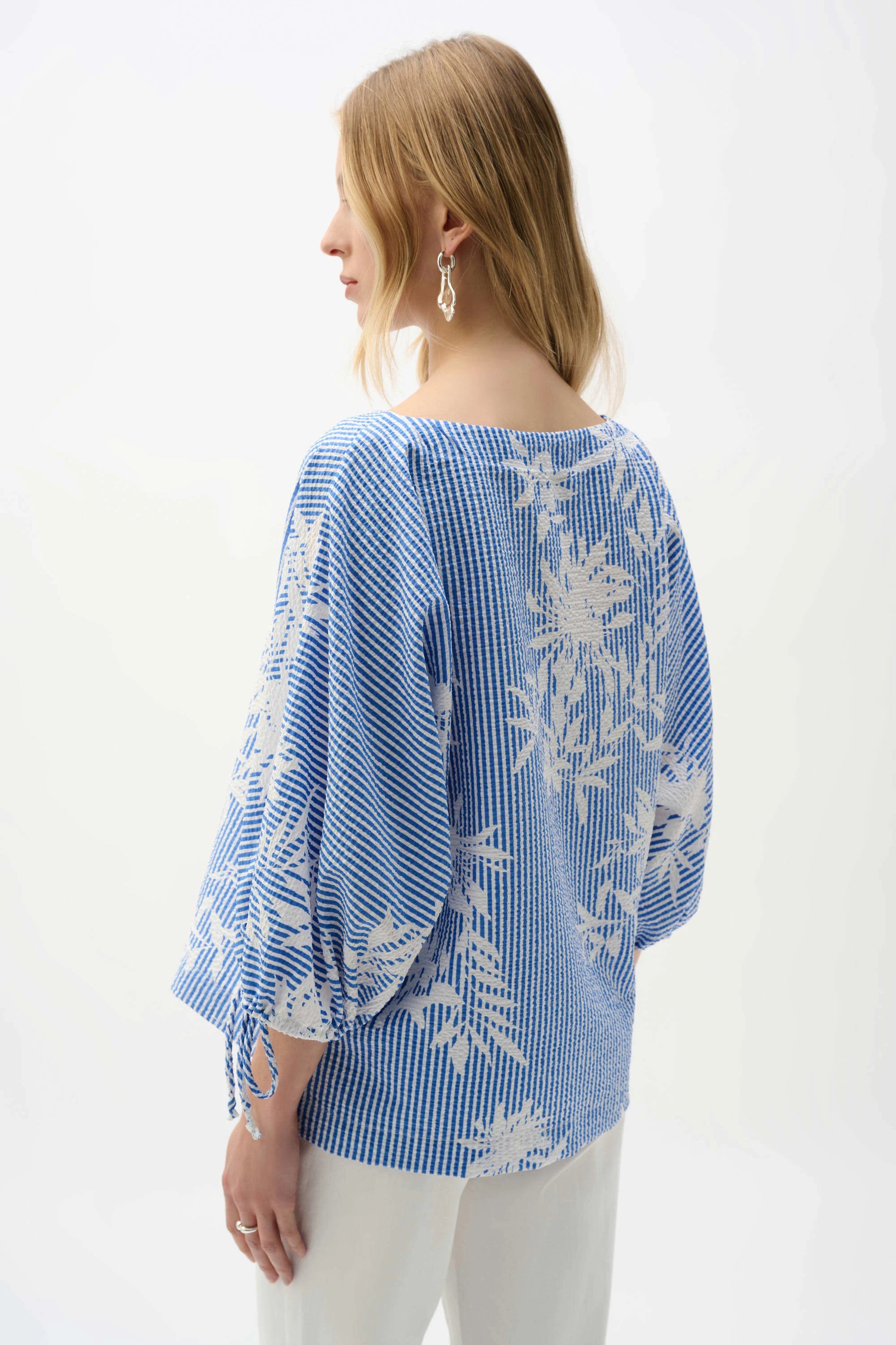 Joseph Ribkoff Vanilla/Blue Woven Seersucker Floral Print Trapeze Top