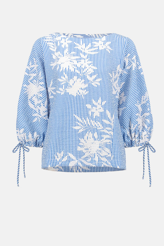 Joseph Ribkoff Vanilla/Blue Woven Seersucker Floral Print Trapeze Top