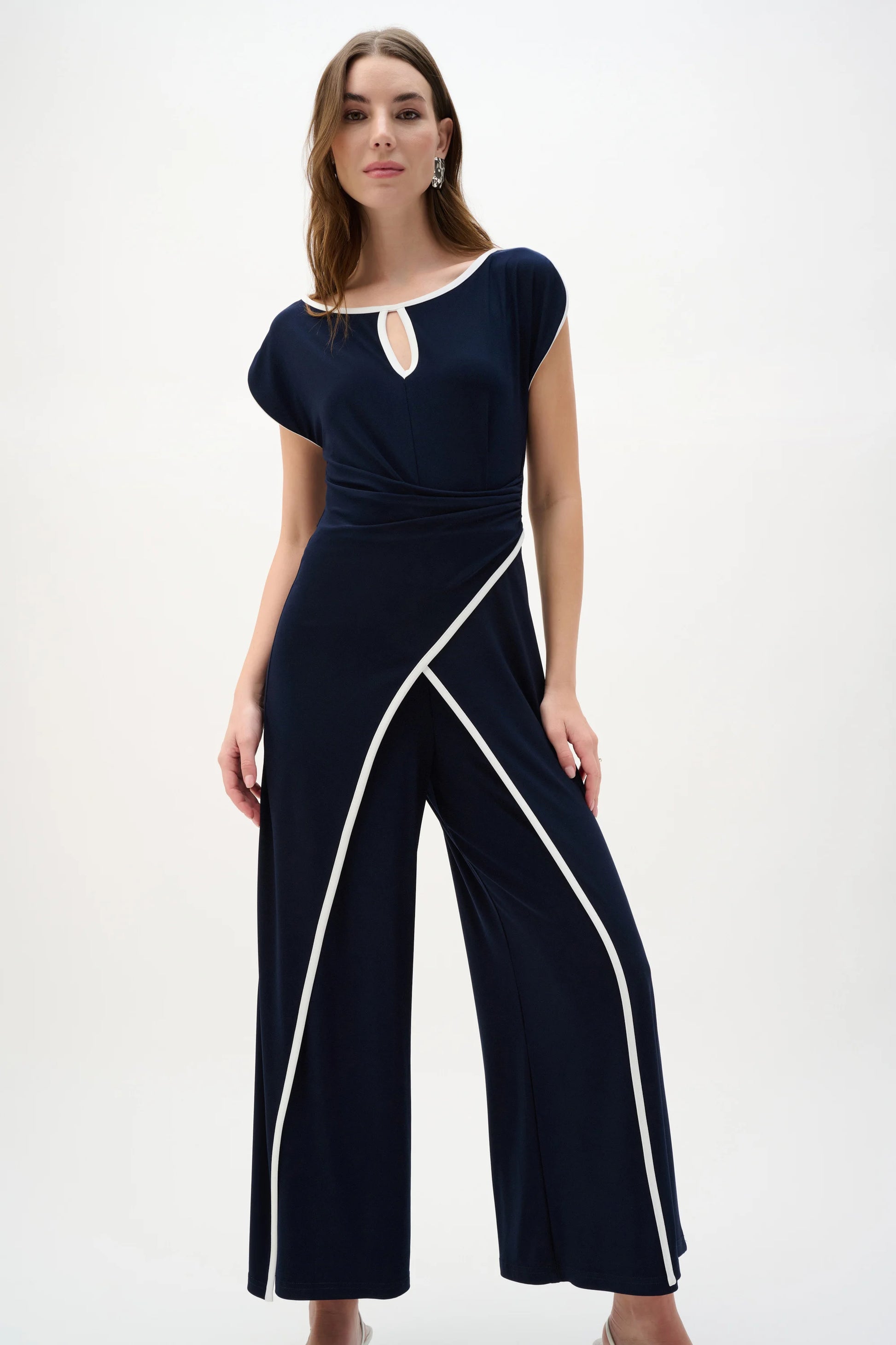 Joseph Ribkoff Midnight Blue Silky Knit Culotte Jumpsuit With Draped Bodice