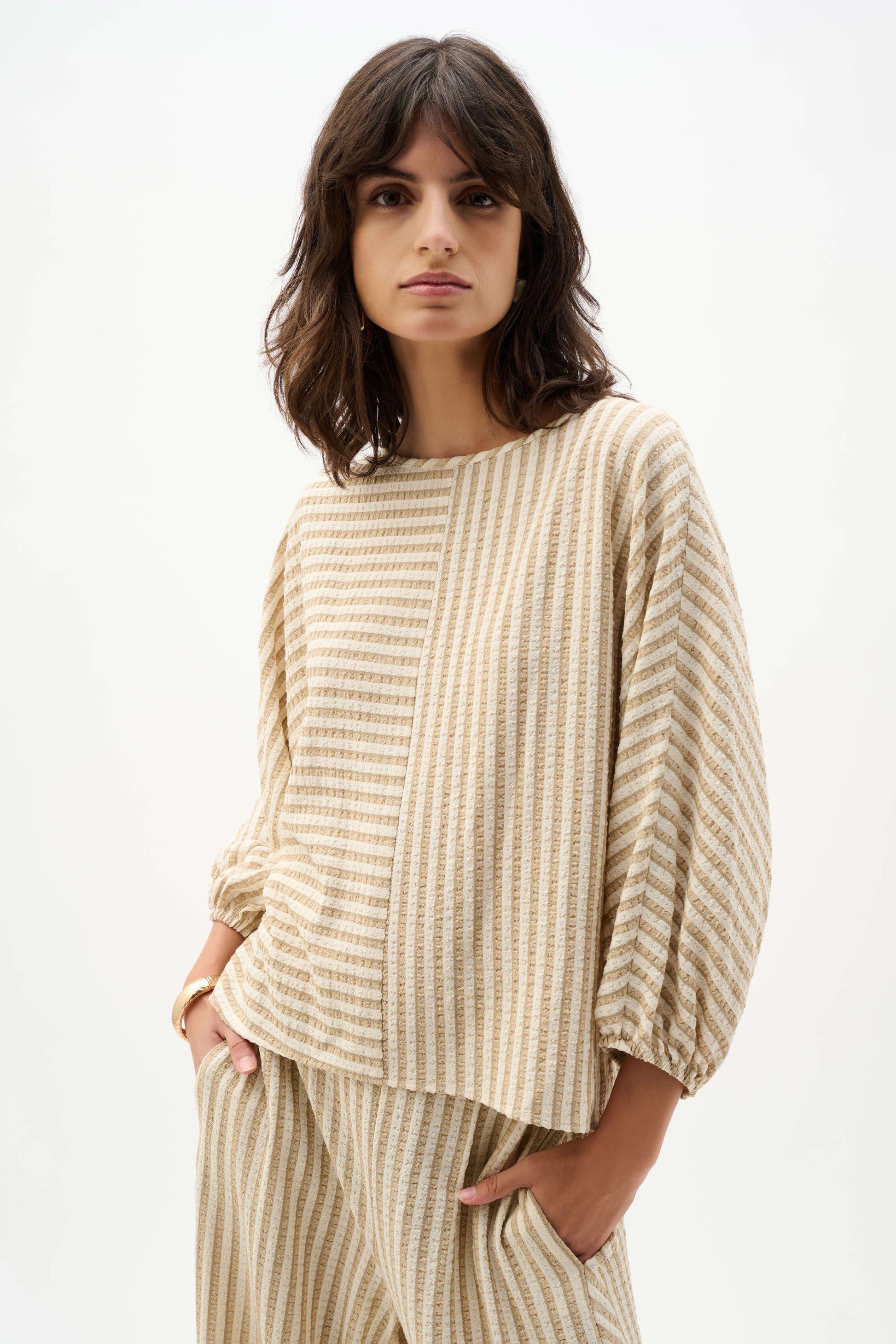 Joseph Ribkoff Beige Woven Stripe Boxy Top With Boat Neck