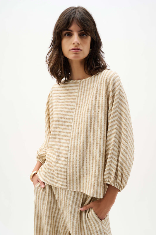 Joseph Ribkoff Beige Woven Stripe Boxy Top With Boat Neck
