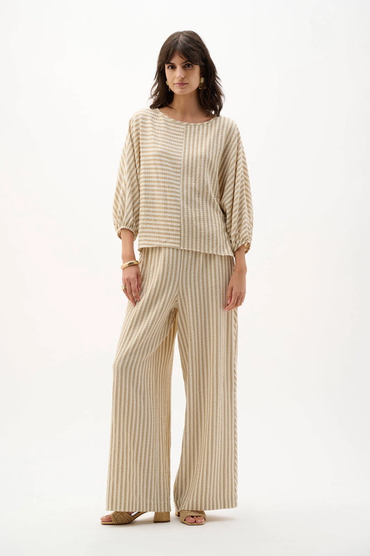 Joseph Ribkoff Beige Woven Stripe Boxy Top With Boat Neck