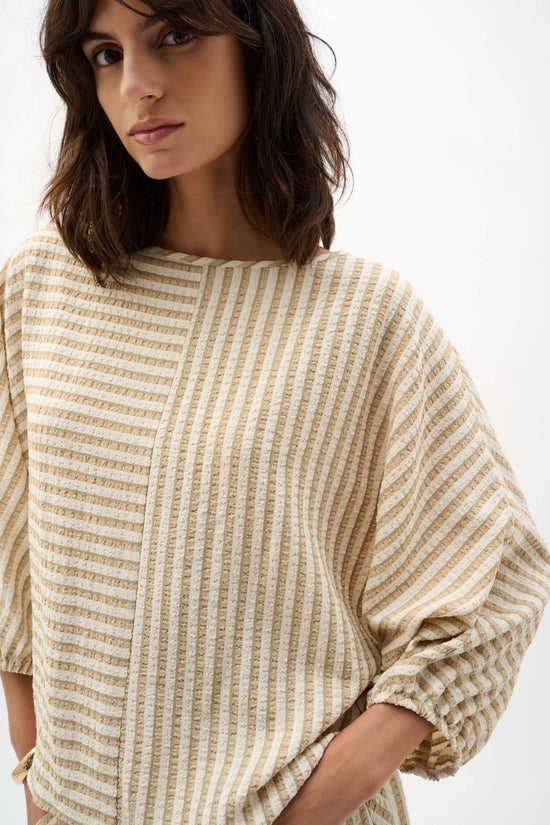 Joseph Ribkoff Beige Woven Stripe Boxy Top With Boat Neck
