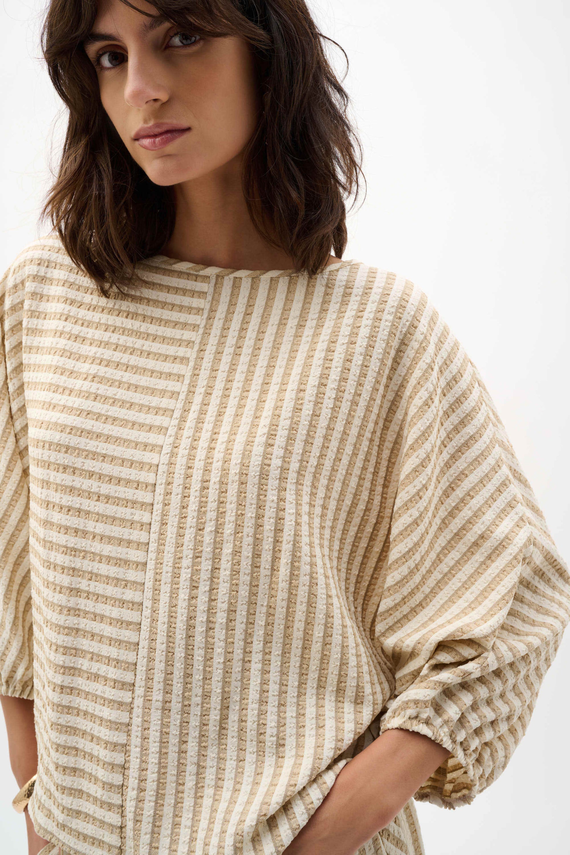 Joseph Ribkoff Beige Woven Stripe Boxy Top With Boat Neck
