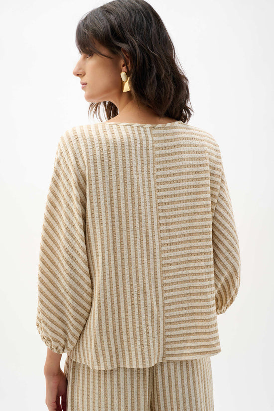 Joseph Ribkoff Beige Woven Stripe Boxy Top With Boat Neck