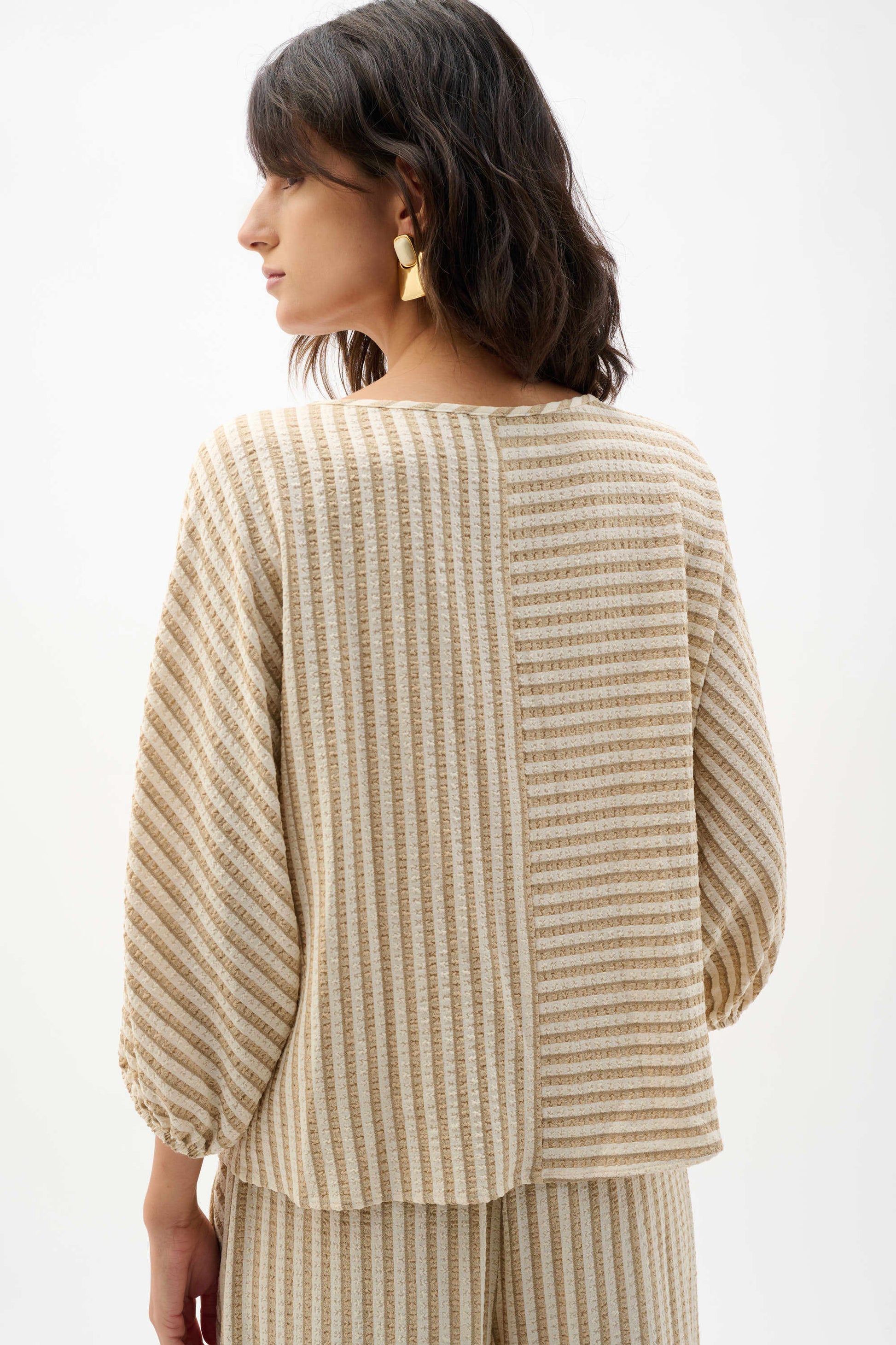 Joseph Ribkoff Beige Woven Stripe Boxy Top With Boat Neck