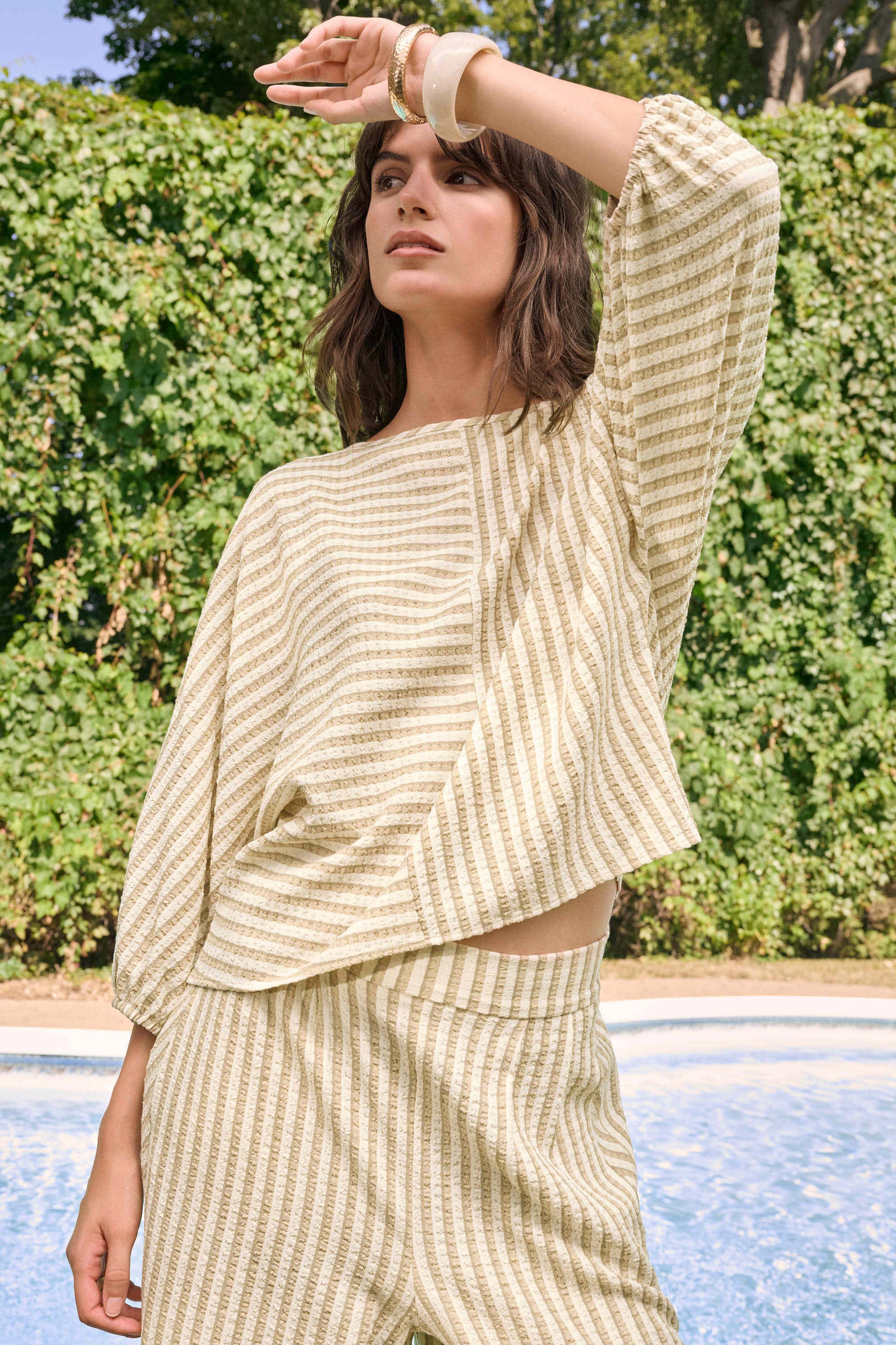 Joseph Ribkoff Beige Woven Stripe Boxy Top With Boat Neck