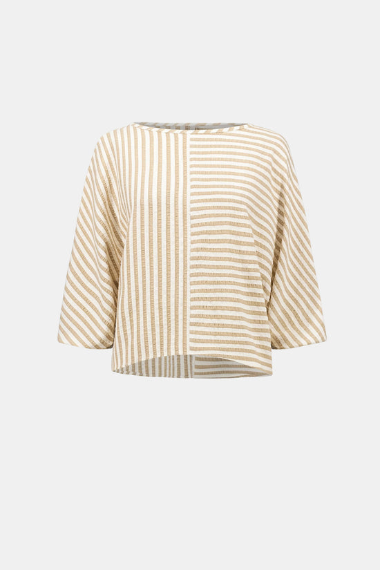 Joseph Ribkoff Beige Woven Stripe Boxy Top With Boat Neck
