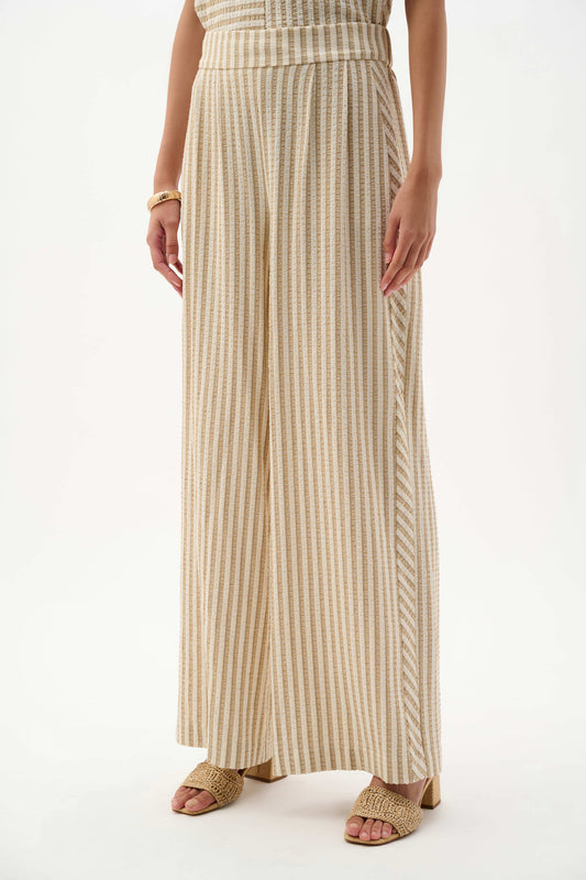 Joseph Ribkoff Beige/Off-White Woven Stripe Wide Leg Pull-On Trousers