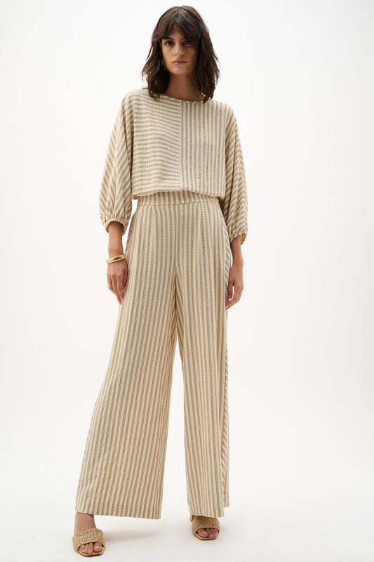Joseph Ribkoff Beige/Off-White Woven Stripe Wide Leg Pull-On Trousers