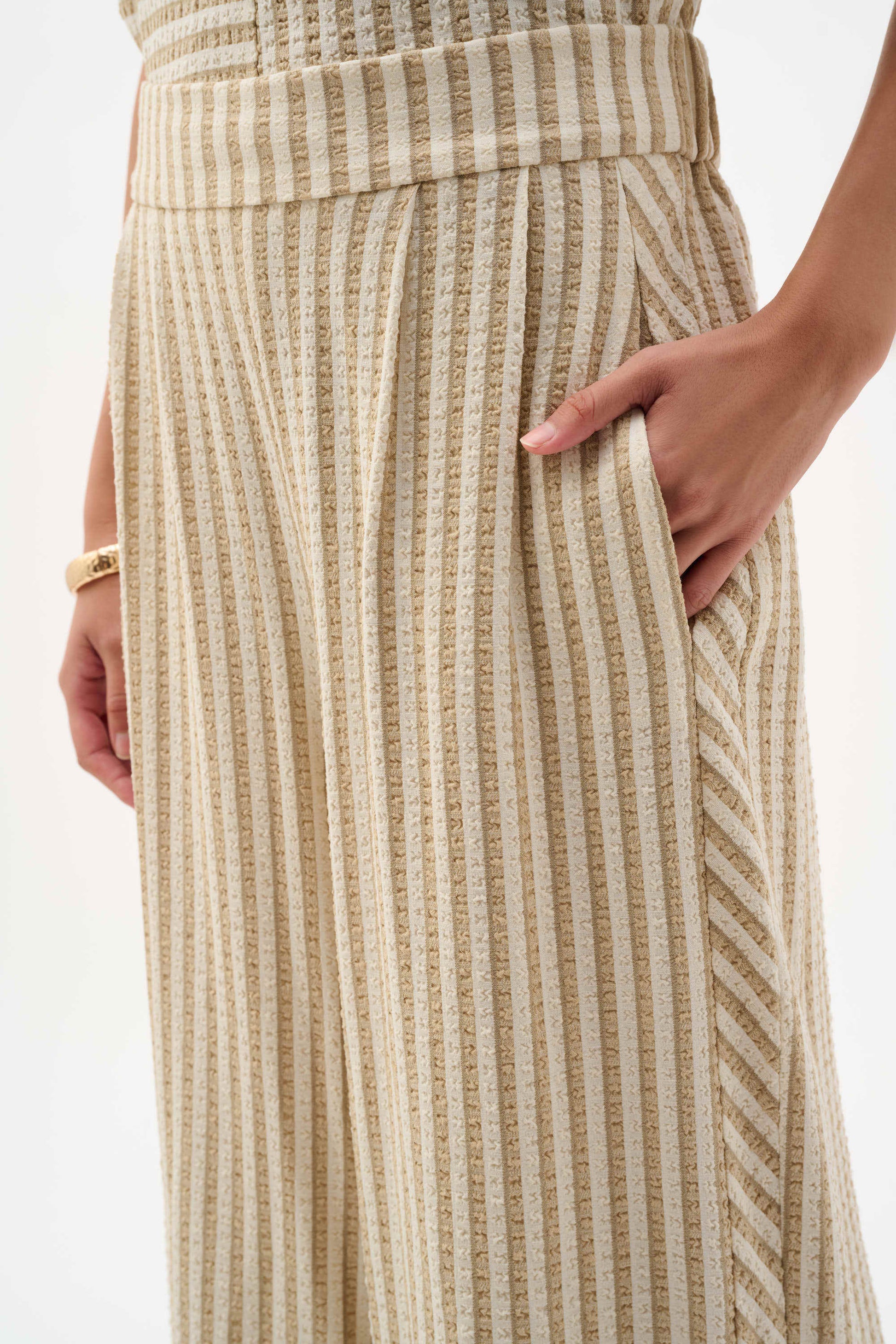 Joseph Ribkoff Beige/Off-White Woven Stripe Wide Leg Pull-On Trousers