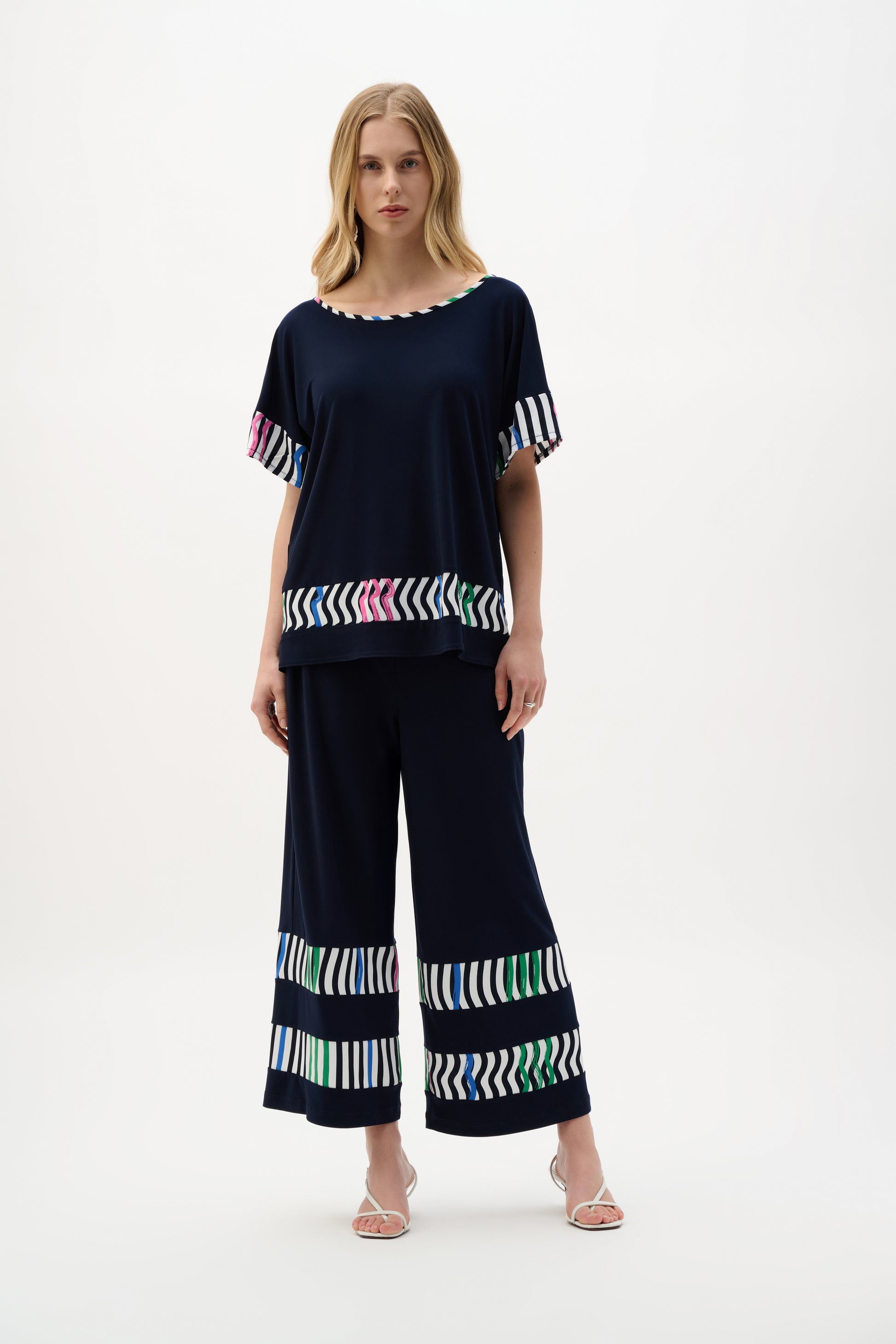 Joseph Ribkoff Midnight Blue Silky Knit And Woven Stripe Print Boxy Top