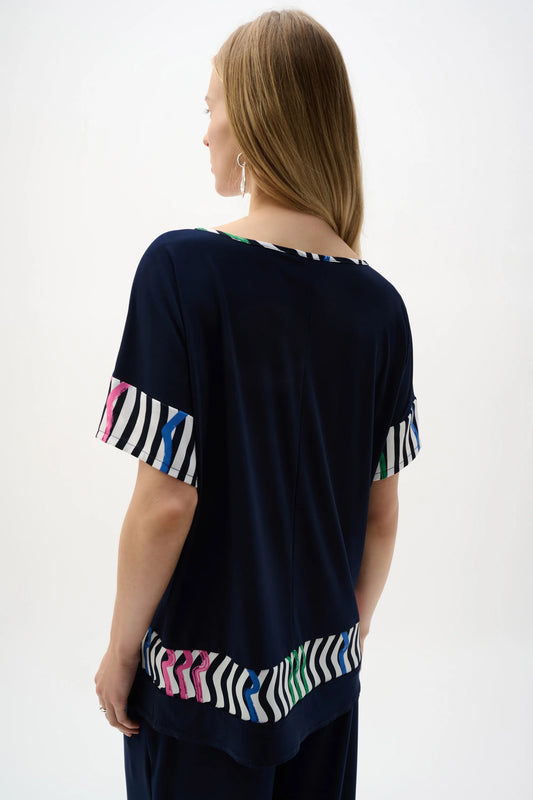 Joseph Ribkoff Midnight Blue Silky Knit And Woven Stripe Print Boxy Top 262121