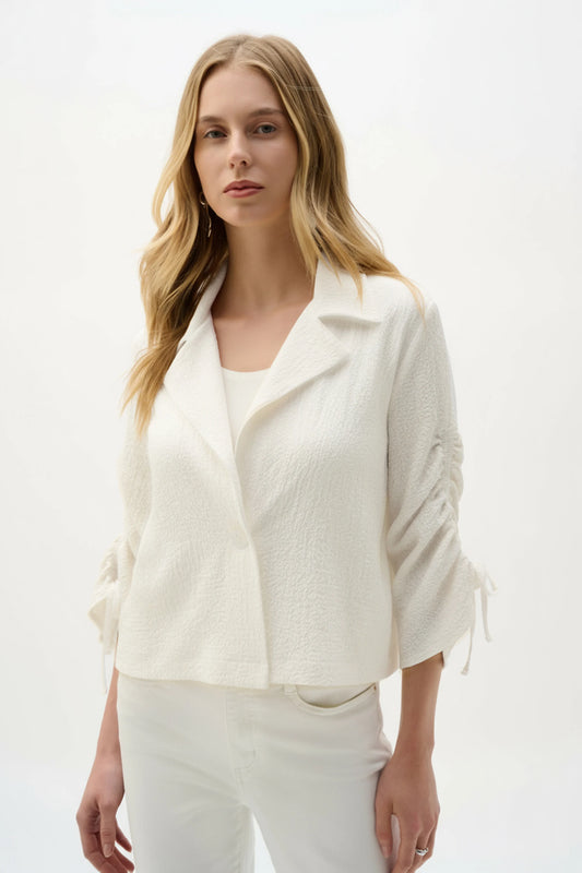 Joseph Ribkoff White Woven Seersucker Boxy Blazer With Shirred Sleeves 262143
