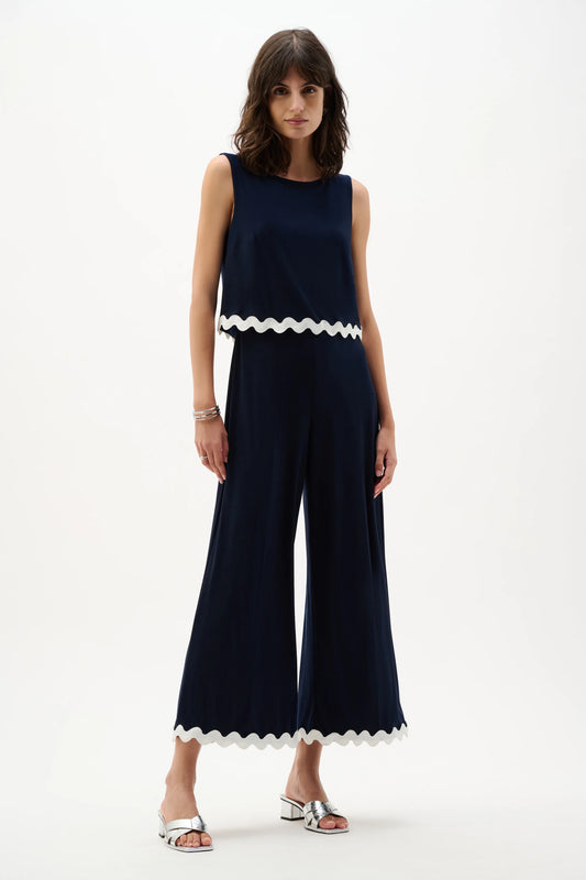 Joseph Ribkoff Midnight Blue Silky Knit Culotte Jumpsuit With Contrast Trim