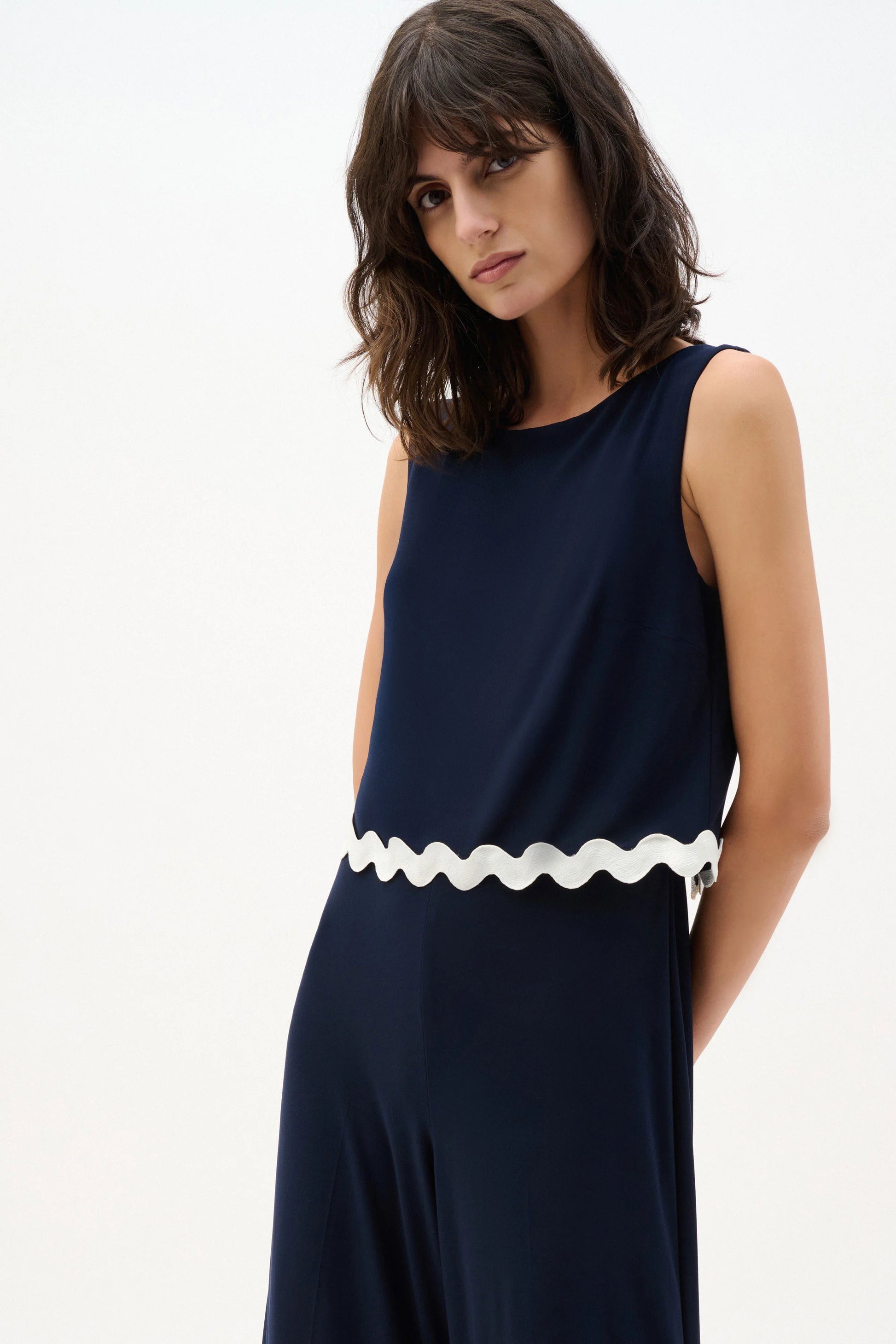 Joseph Ribkoff Midnight Blue Silky Knit Culotte Jumpsuit With Contrast Trim