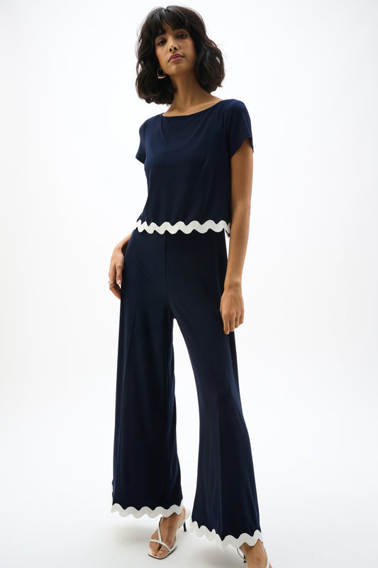 Joseph Ribkoff Midnight Blue Silky Knit Culotte Jumpsuit With Contrast Trim