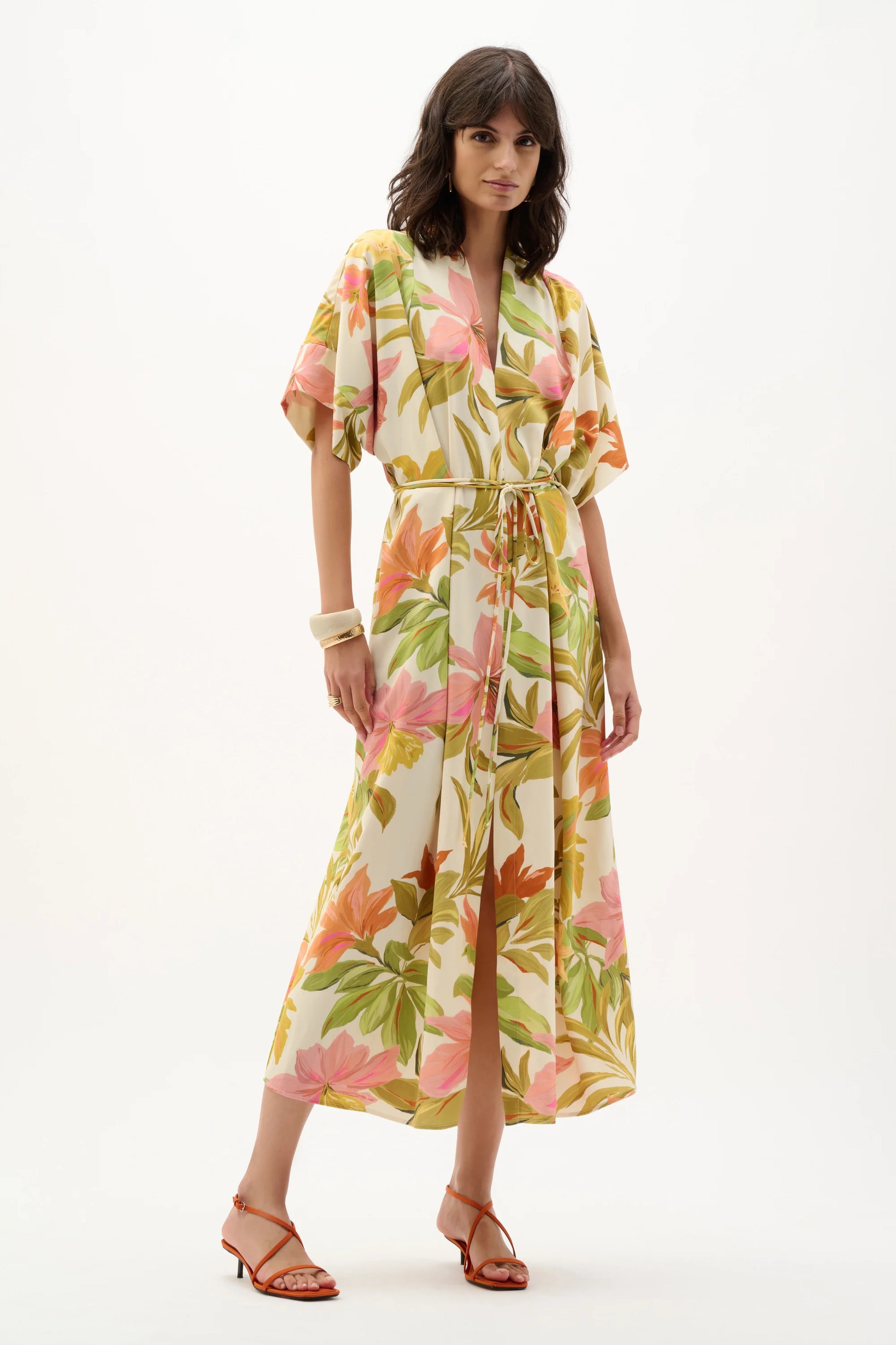 Joseph Ribkoff Beige/Multi Recycled Woven Tropical Print Fit And Flare Dress