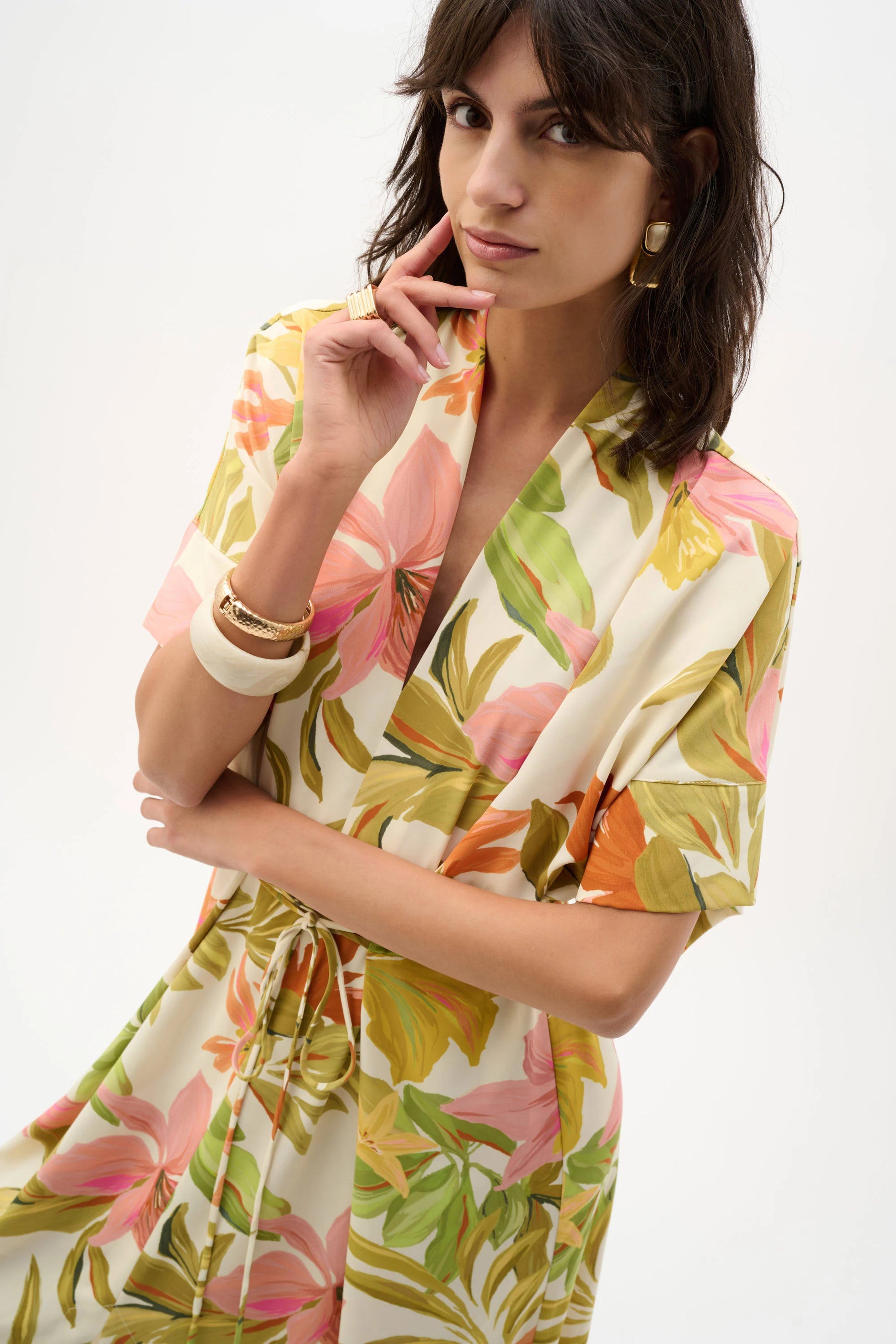 Joseph Ribkoff Beige/Multi Recycled Woven Tropical Print Fit And Flare Dress