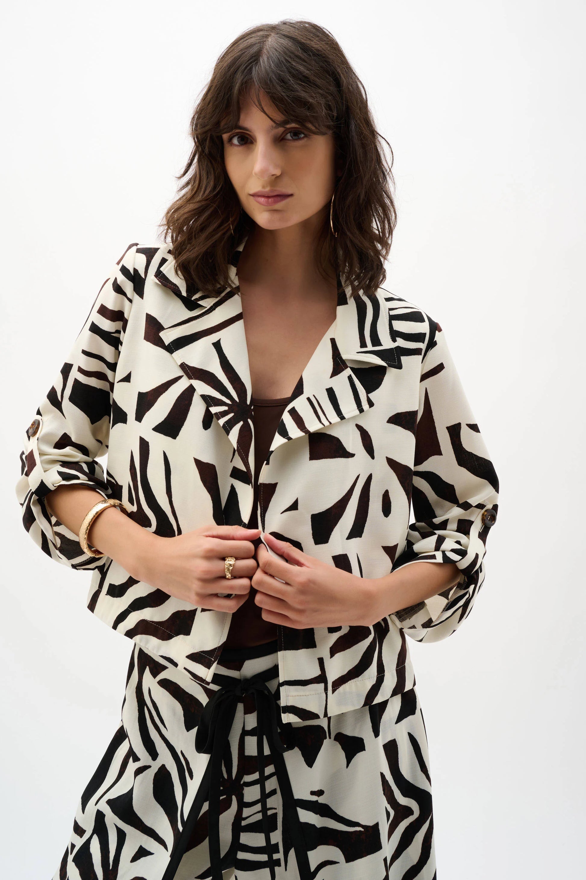 Joseph Ribkoff Cream Woven Gauze Tropical Print Boxy Blazer