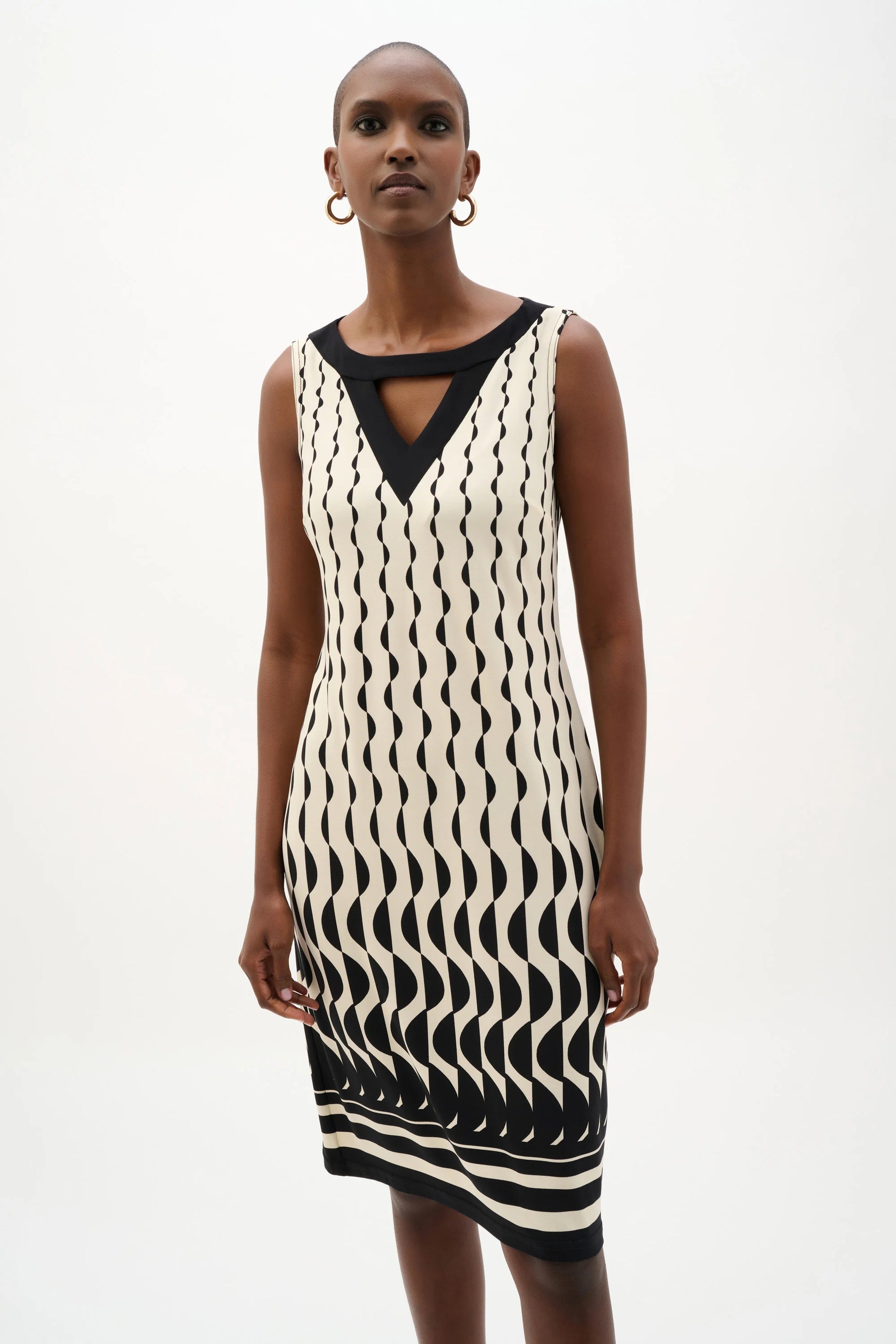 Joseph Ribkoff Black& Beige Silky Knit Geometric Print Sheath Dress 262218
