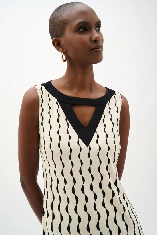 Joseph Ribkoff Black& Beige Silky Knit Geometric Print Sheath Dress 262218