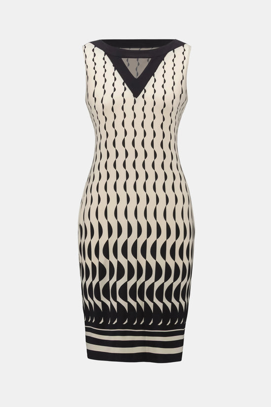 Joseph Ribkoff Black& Beige Silky Knit Geometric Print Sheath Dress 262218