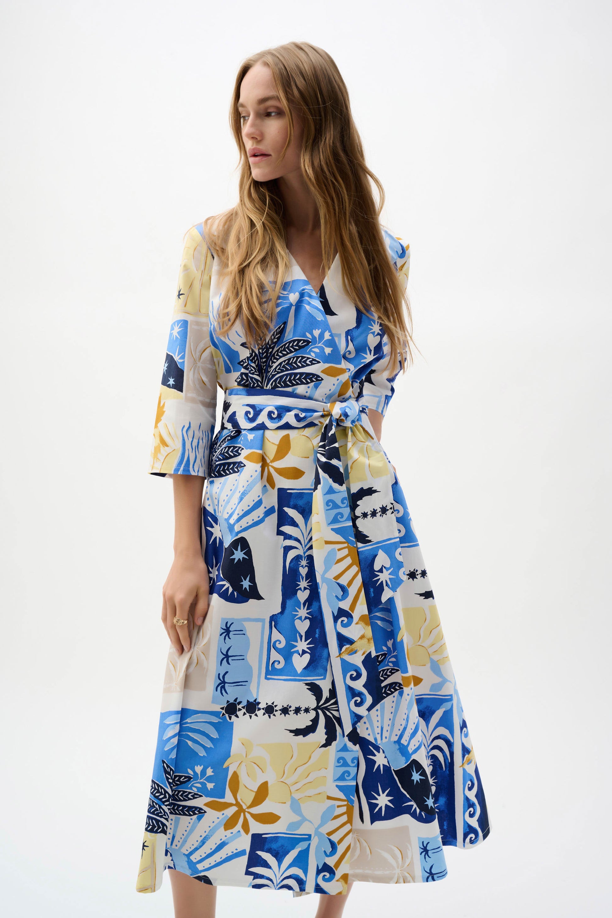 Joseph Ribkoff Vanilla/Multi  Stretch Cotton Tropical Print A-Line Wrap Dress