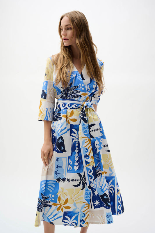Joseph Ribkoff Vanilla/Multi  Stretch Cotton Tropical Print A-Line Wrap Dress