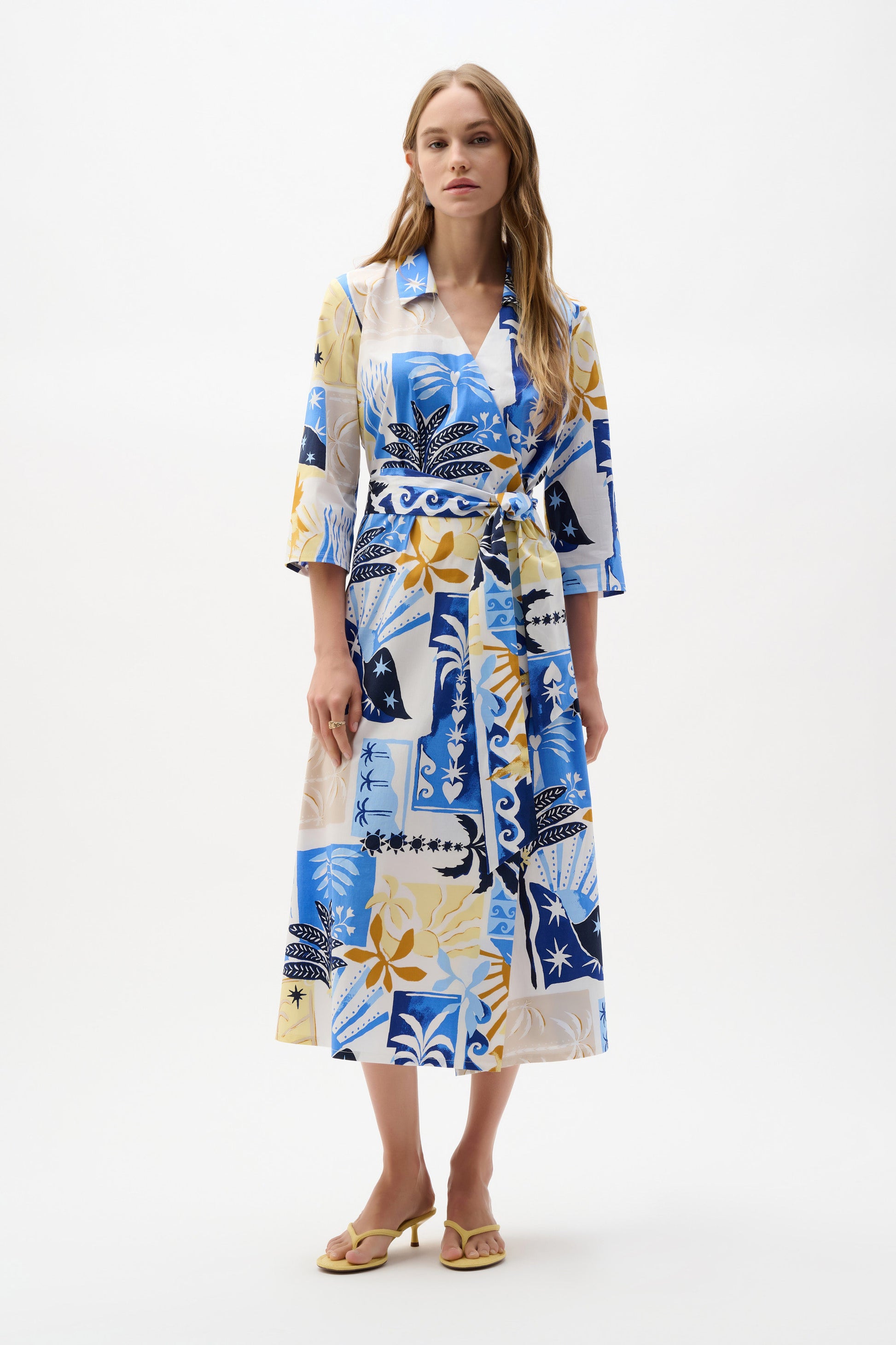 Joseph Ribkoff Vanilla/Multi  Stretch Cotton Tropical Print A-Line Wrap Dress