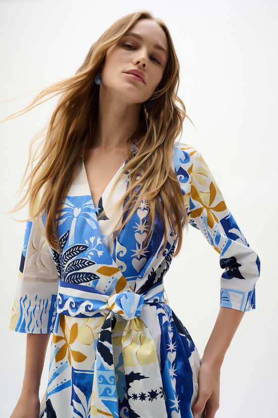 Joseph Ribkoff Vanilla/Multi  Stretch Cotton Tropical Print A-Line Wrap Dress