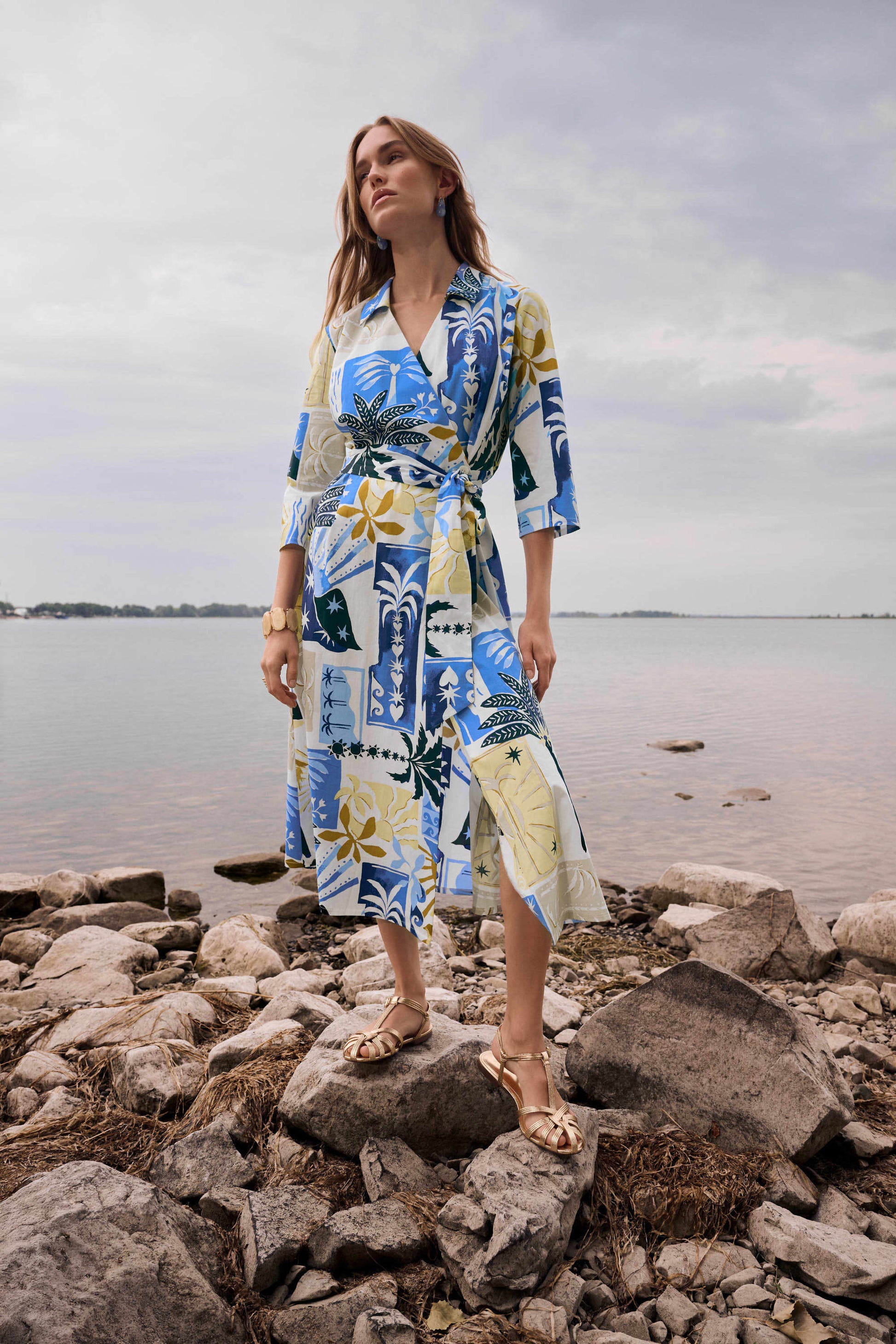 Joseph Ribkoff Vanilla/Multi  Stretch Cotton Tropical Print A-Line Wrap Dress