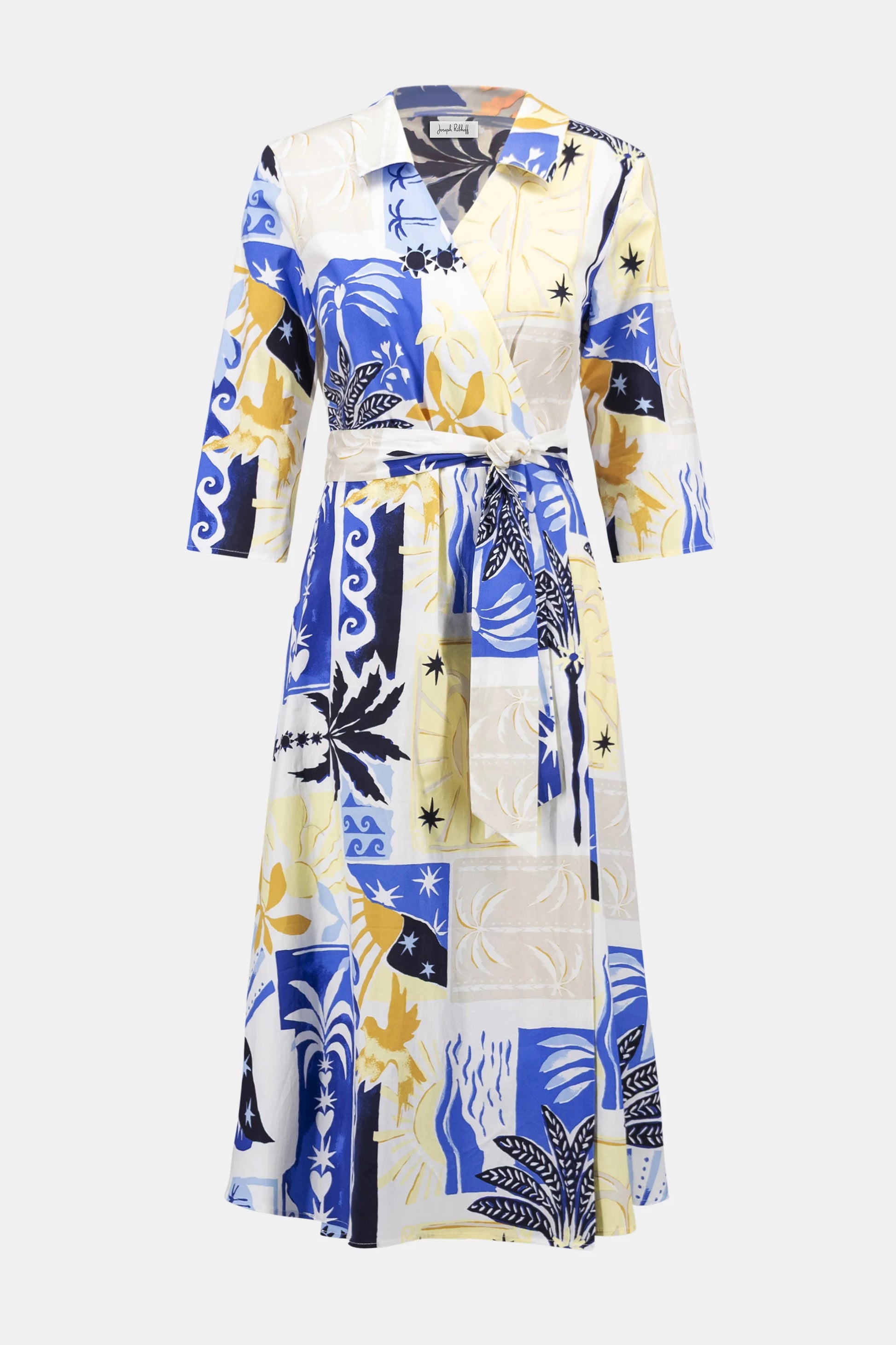 Joseph Ribkoff Vanilla/Multi  Stretch Cotton Tropical Print A-Line Wrap Dress