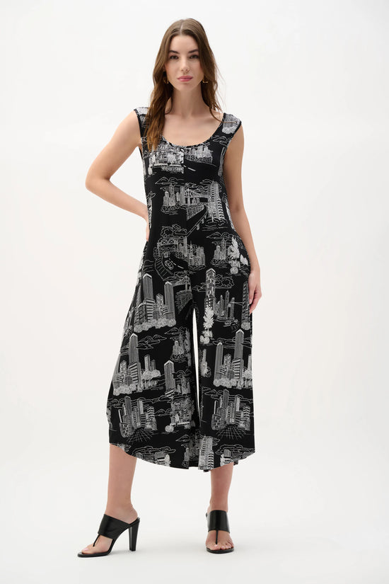 Joseph Ribkoff Black/Vanilla Silky Knit Conversational Print Culotte Jumpsuit