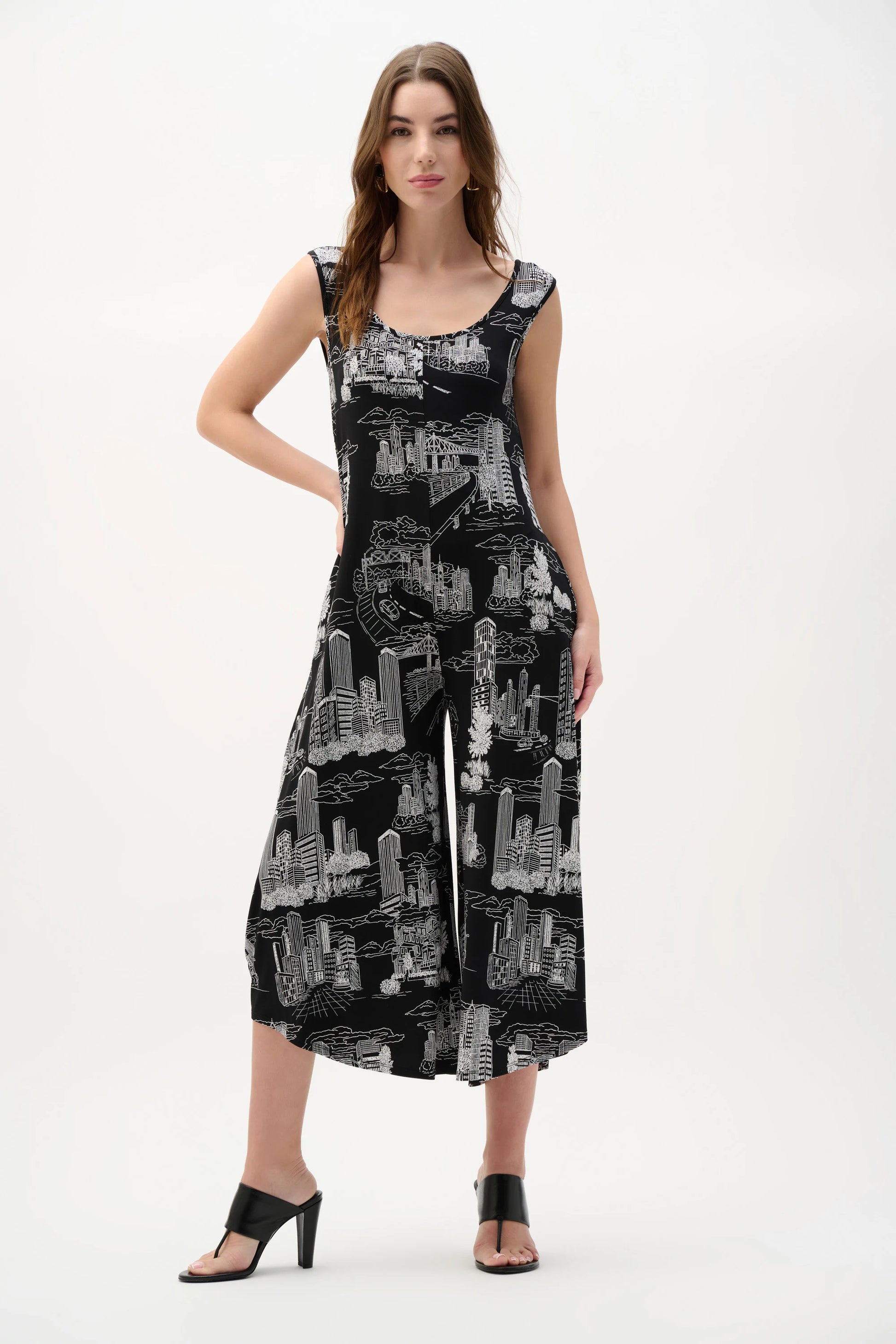 Joseph Ribkoff Black/Vanilla Silky Knit Conversational Print Culotte Jumpsuit
