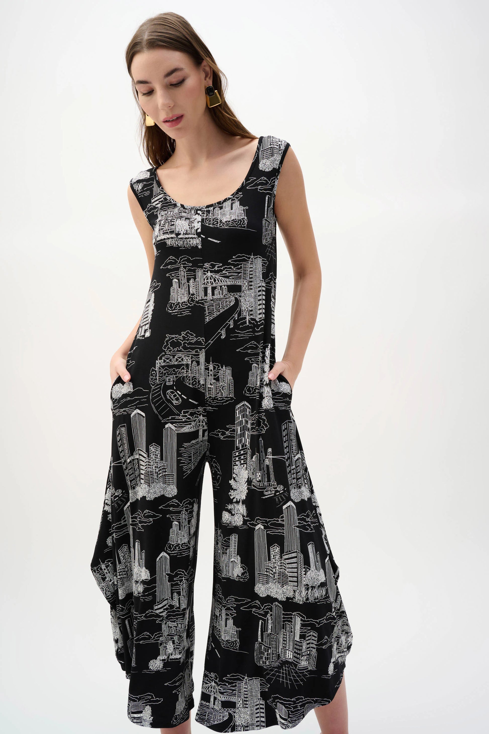 Joseph Ribkoff Black/Vanilla Silky Knit Conversational Print Culotte Jumpsuit