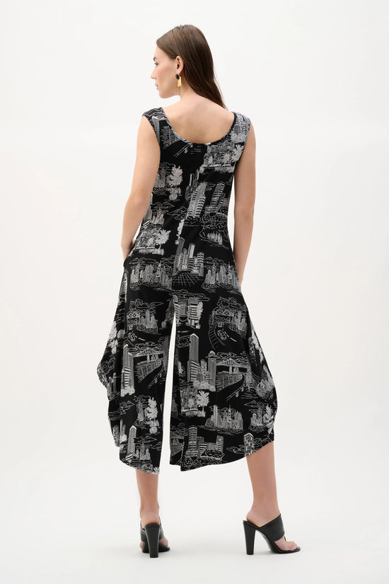 Joseph Ribkoff Black/Vanilla Silky Knit Conversational Print Culotte Jumpsuit
