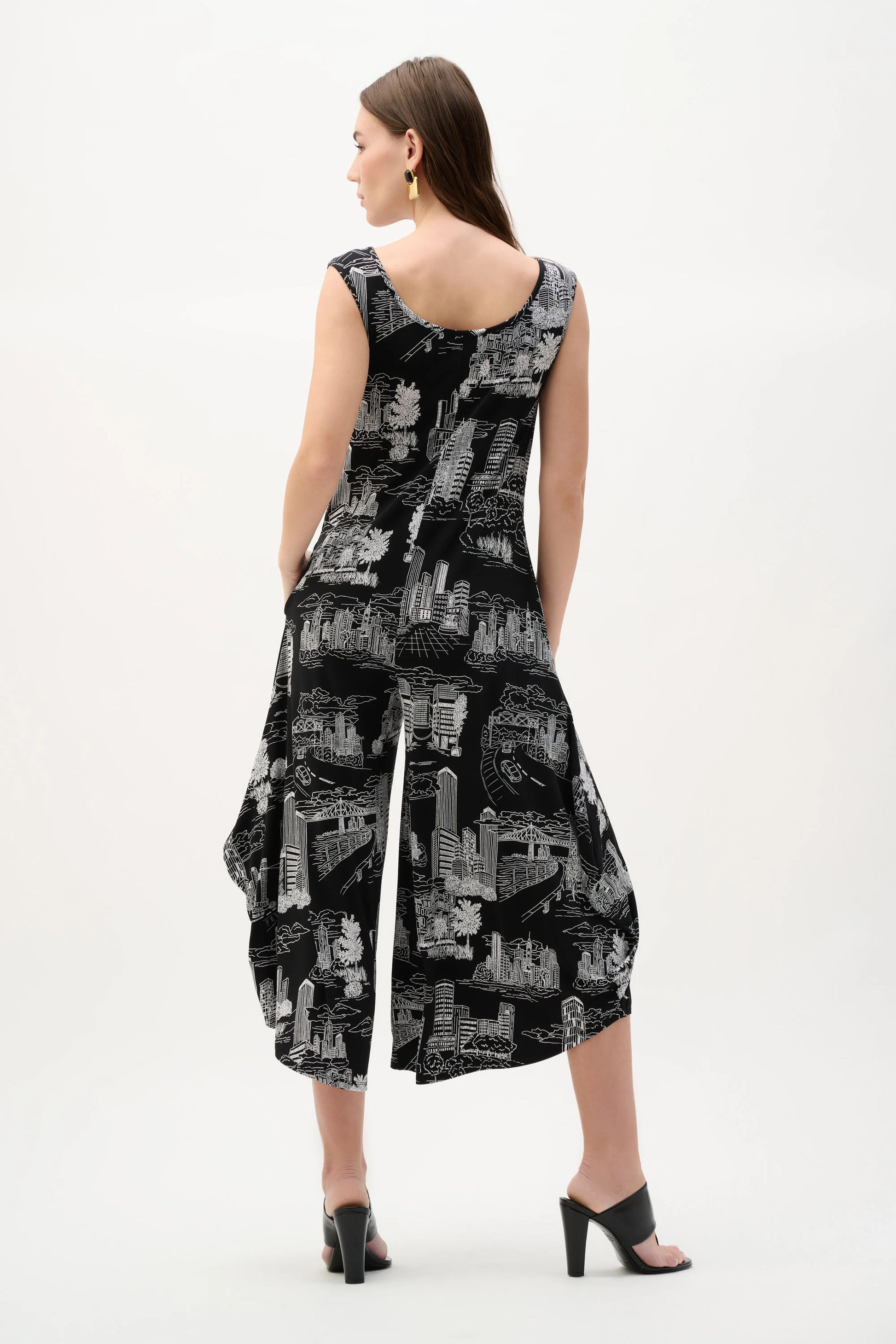 Joseph Ribkoff Black/Vanilla Silky Knit Conversational Print Culotte Jumpsuit