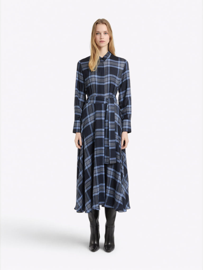 Marella Navy Check Wool-and-Viscose Shirt Dress