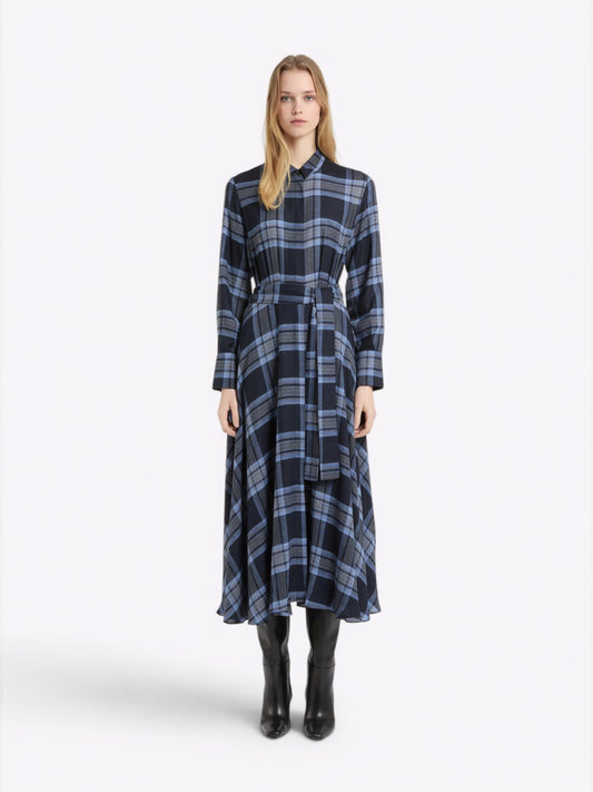 Marella Navy Check Wool-and-Viscose Shirt Dress