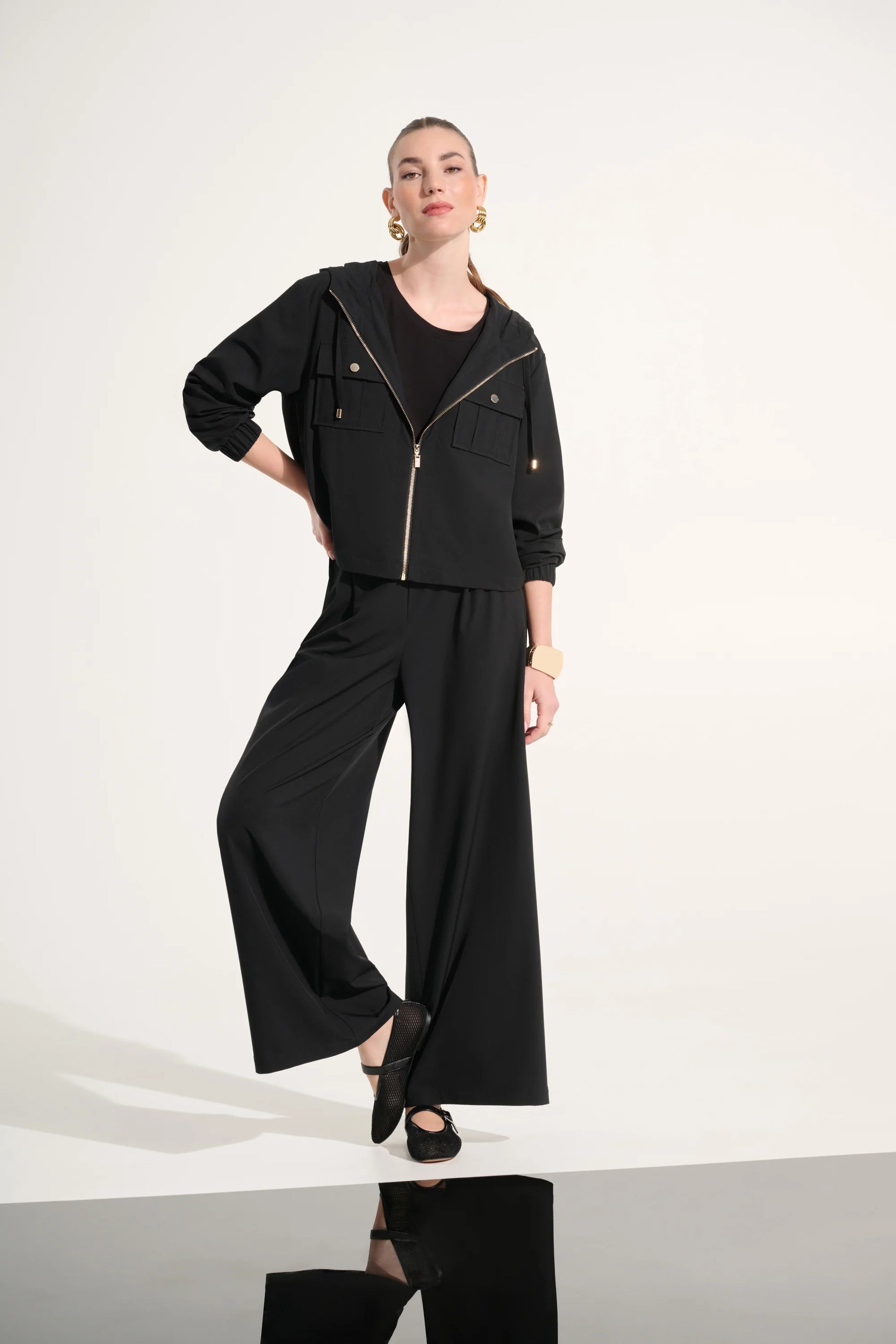 Joseph Ribkoff Black Stretch Woven Hooded Boxy Utility Jacket 262621