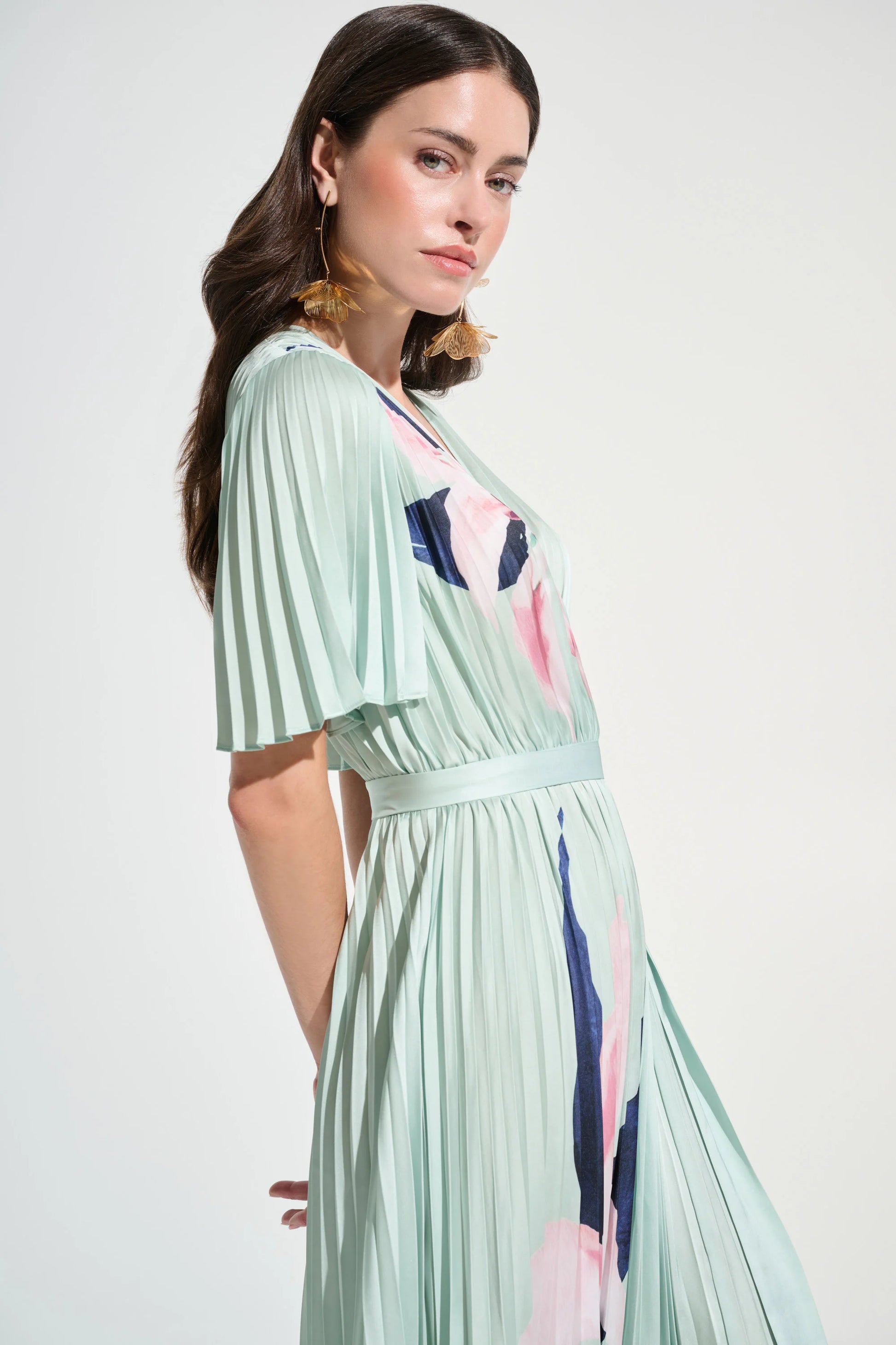 Joseph Ribkoff Green Satin Floral Print Fit And Flare Dress 262712