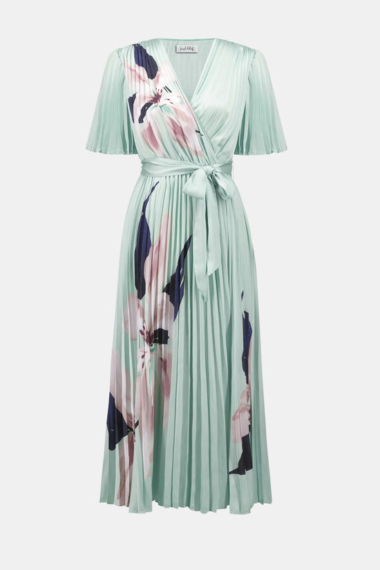 Joseph Ribkoff Green Satin Floral Print Fit And Flare Dress 262712