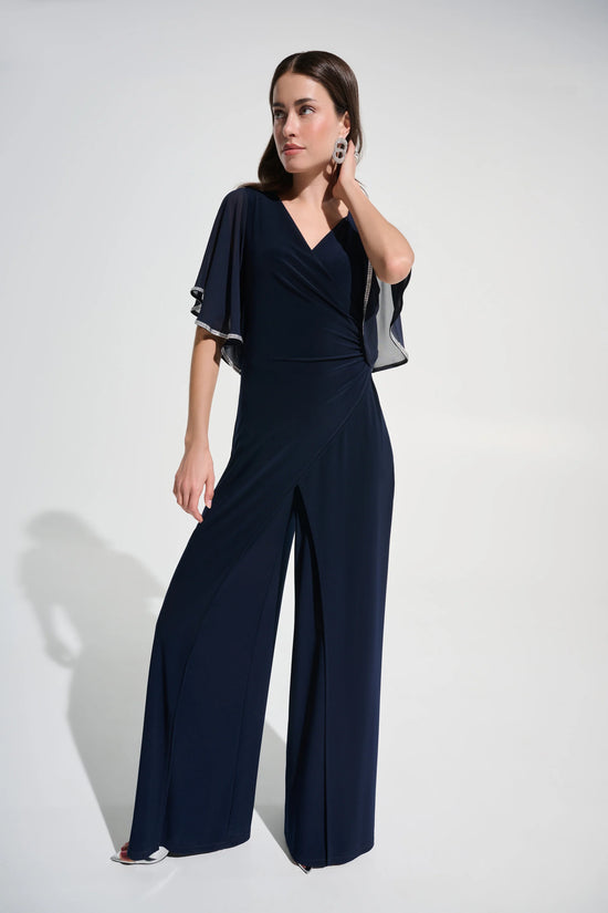 Joseph Ribkoff Midnight Blue Silky Knit Wrap Wide Leg Jumpsuit With Rhinestone Trim 262716