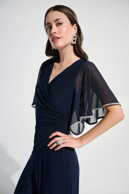 Joseph Ribkoff Midnight Blue Silky Knit Wrap Wide Leg Jumpsuit With Rhinestone Trim 262716